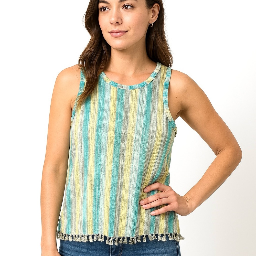 (BN49) Anthropologie W5‎ sleeveless multicolored tasseled hem top, Size small